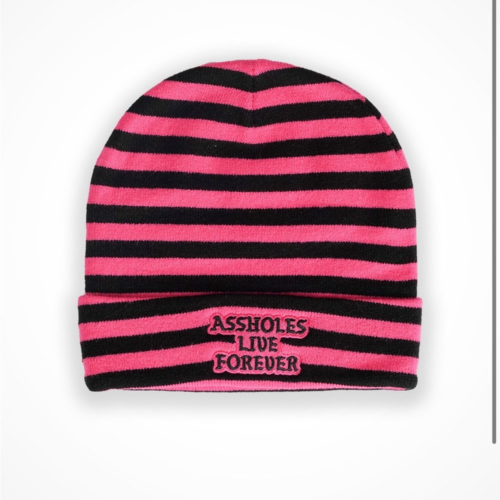 assholes live forever pink and black beanie